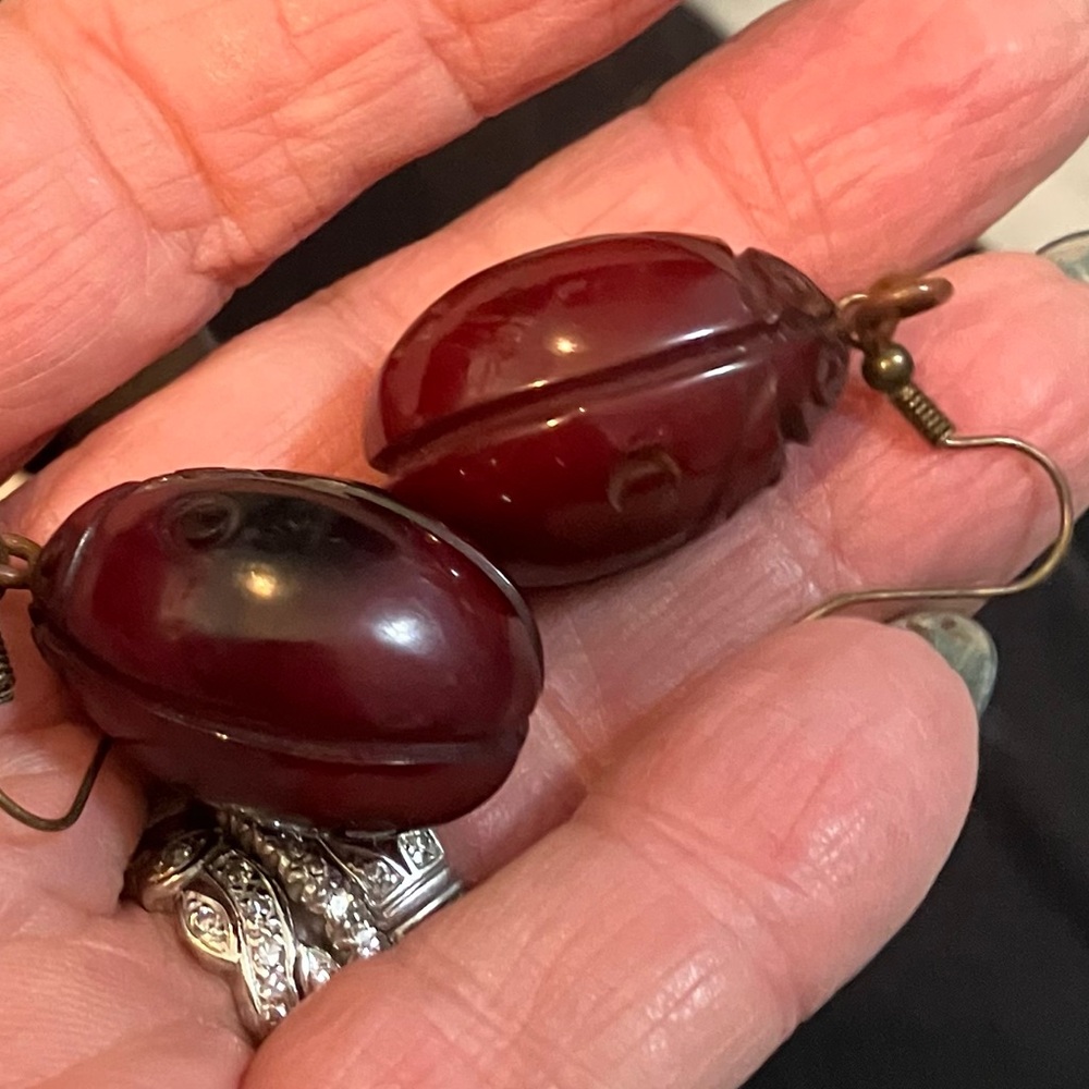 Vintage carved Bakelitel lucky ladybugs dangling, pierced earrings